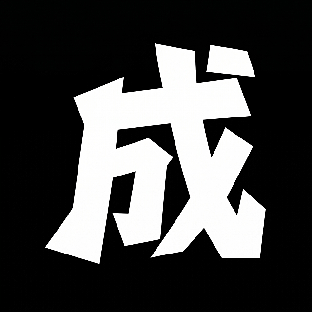 白色字体，黑色背景，干净的背景，创意黑体字体设计1个字"成"，按照参考图"见"的字体风格生成。将字体进行大幅度抽象变形，笔画均切割为几何块面造型，所有笔画边缘都是锐利平直的直角切割，没有曲线弧度，笔画粗重厚实充满力量感，整体字形紧凑有力，保持参考图同款几何切割硬朗风格。画面中只能出现这1个字："成"，不得出现参考图中的原文字，不得增加、遗漏或替换任何一个字。文字整体必须完整呈现在画面内不可被裁切，四周留有安全边距。比例1:1