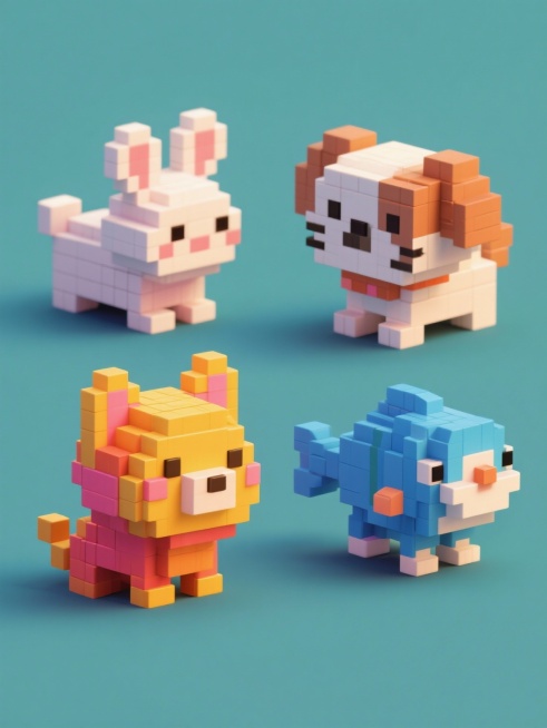 像素艺术风格，纯色背景，4个完全不同造型的可爱像素元素，包括像素兔子、像素小狗、像素小猫、像素小鱼，每个元素均采用立体像素块堆叠设计，具有明显的块面感和几何立体感，每个动物是不同颜色的配色，色彩明快鲜预览效果