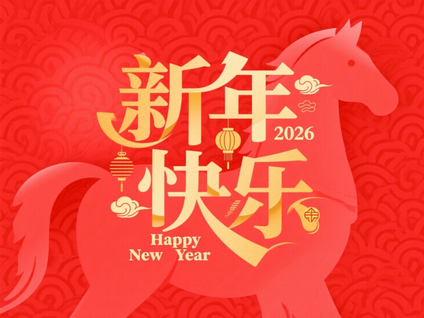 金色艺术字“新年快乐”，字体里融入了小灯笼、祥云等传统吉祥装饰，同时嵌入“2026”，下方配有英文 “Happy New Year”，红色背景，背景带有隐约的马形暗纹预览效果