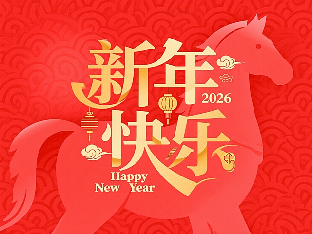 金色艺术字“新年快乐”，字体里融入了小灯笼、祥云等传统吉祥装饰，同时嵌入“2026”，下方配有英文 “Happy New Year”，红色背景，背景带有隐约的马形暗纹