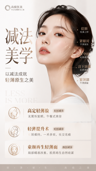 医美宣传海报，画面中心是骨相高级脸模特，模特面部向上做线条划线标注，主标题"减法美学"放大展示，小字文案："以减法成就轻薄原生之美"，下面依次是："高定轻薄脸-无创减容 无需恢复期，午餐式美容"，"轻预览效果