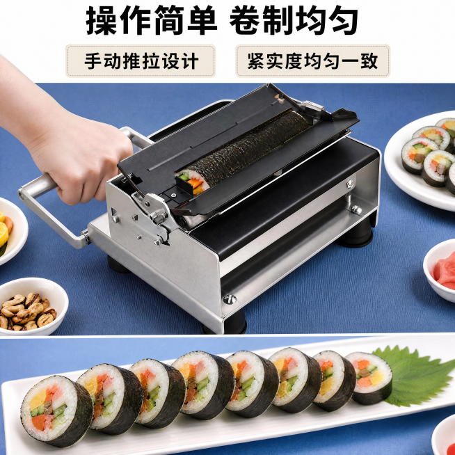 [主图-2] 手动寿司卷机核心操作展示；氛围风格为真实操作场景，专业实用感；画质要求商业摄影质感、光线明快通透、产品清晰真实、画面干净高级，细节利落。主体为正在使用中的手动寿司卷机，一只手握住操作手柄预览效果