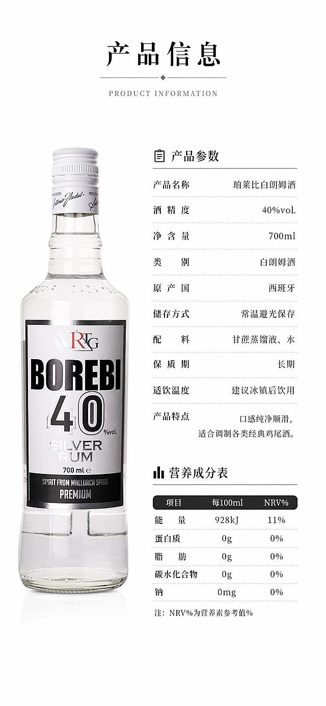 [第6屏] 详情页规格屏-珀莱比白朗姆酒产品参数与信息展示。本屏使用【图1】作为产品侧展示。
[氛围/风格] 简约干净信息风，清晰易读，商务质感。
[元素布局] 左侧放置产品【图1】，占比约50%；右侧放置产品参数与营养信息区域，排版清晰有序，信息分区明确。参数包含酒精度、容量、产地、储存方式等基础信息。
[光影质感] 均匀柔光照明，产品和文字都清晰明亮，无过暗过曝区域。
[配色色系] 全局底色 #ffffff；主色纯白背景；辅助色黑色文字、深灰色块标注。
[视角构图] 左右分栏构图，左产品右信息，信息层级清晰。
[文字版式] 顶部标题「产品信息」，右侧分栏列出参数，使用同首屏温润宋体字，字号适配移动端阅读，信息清晰不拥挤。
[比例分辨率] 9:16 竖版比例，4K分辨率，文字清晰可辨，高清画质。
[负向提示词] 产品变形，参数错乱，文字模糊，排版拥挤，颜色偏差