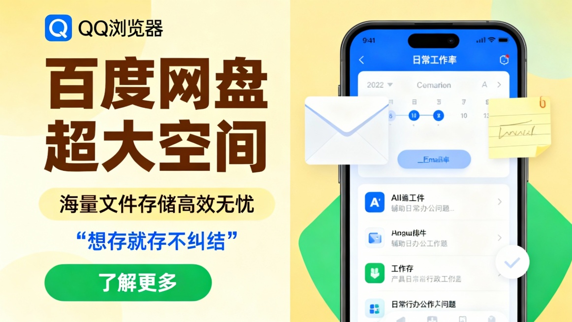 左侧米黄渐变背景，左上角QQ浏览器logo，大号棕褐色标题“百度网盘超大空间”，下方浅黄色条带“海量文件存储高效无忧”及天蓝色引号标语“想存就存不纠结”，底部绿色“了解更多”按钮；右侧展示手机界面，屏预览效果