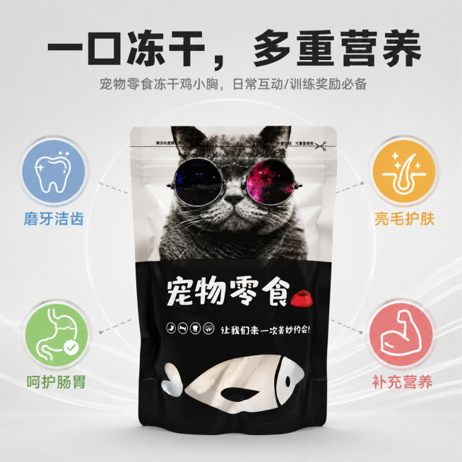 「图片1」「图片1」，生成一套主图（5张），主图1：产品包装+核心卖点（首图引流款）
 
提示词：
 淘宝天猫电商主图，1:1正方形，产品为黑白猫咪图案的宠物零食冻干鸡小胸包装袋，居中展示，背景为干净预览效果