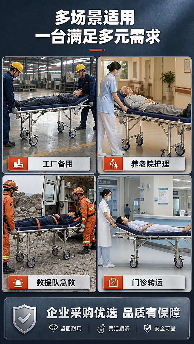[商品] 使用【图1】的担架滚轮与金属结构作为部件参考，生成担架在四个不同场景中的应用画面；每个场景中的担架都保留银色金属框架、深蓝色万向轮、牛津布床面的统一特征；四个场景分别为：工厂车间、养老院、救援队、门诊室。
[画面] 页面目标：多场景适用展示，覆盖B端多元采购需求；构图：2×2四宫格拼图，每格一个场景；景别：每个格子为中景；左上工厂场景（工人转运伤员）、右上养老院（护理人员转运老人）、左下救援队（户外急救转运）、右下门诊室（病人检查转运）；每格底部有场景名称标签；阅读动线：从左上到右下依次阅读。
[视觉] 套系策略：风格=工业医疗专业商业摄影；标题字=粗黑体；正文字=常规黑体；主色=深蓝灰；背景延展=基于深蓝灰做深浅层级、同色渐变和金属/水泥质感；强调色=橙红色，仅用于小面积图标、引线和标签；标题色=白色/深灰；正文色=中灰/浅灰；组件=四宫格分区、场景标签、底部总结条；光影=各场景真实自然光/室内光，整体色调统一。
[文字] 顶部大标题「多场景适用 一台满足多元需求」；四格分别标注：工厂备用、养老院护理、救援队急救、门诊转运；底部总结条「企业采购优选 品质有保障」；文字全部横向排版。
[规格] 图片比例9:16竖版，4K分辨率，medium质量；避免变形、错字、文字过小、医疗功效承诺、绝对化用语。