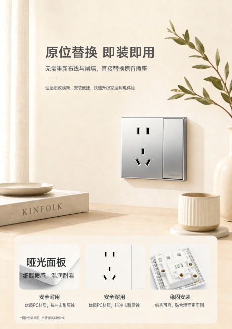 将图中原有的白色插座替换为银色插座，放置在原产品位置，保持整体场景的光影、氛围和风格一致，融合自然，保留图片中所有文字、家具和装饰元素预览效果