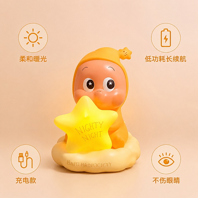 [主图-2] 星星人小夜灯核心卖点展示；
[氛围风格] 可爱卡通系，简洁干净；
[画质] 商业摄影质感、光线柔和通透、产品清晰真实、画面干净高级；
[元素] 保持星星人小夜灯外观、物理结构、材质质感、颜色与输入产品图绝对一致，杜绝任何变形和色差，精细化处理。产品居中展示开灯效果，四个卖点分别排布在产品四周负空间，每个卖点配小图标。商品主体占比60%，画面干净不拥挤。
[光影] 产品发光效果柔和自然，整体光线均匀通透，突出软萌造型。
[配色] 背景浅暖纯色，文字取产品本身橙黄色，深底浅字对比清晰。
[视角构图] 平视正面视角，产品完整居中展示。
[文字版式] 四个卖点分四方排布，每个卖点图标+短句：左上"柔和暖光" 右下"不伤眼睛" 右上"低功耗长续航" 左下"充电款"，文字大小统一，清晰可读不遮挡主体。
[输出要求] 1:1比例，文字清晰可辨，超高清商业摄影质感；
[负向提示词] 变形，文字错乱，产品图模糊，背景杂乱，水印，电商平台Logo