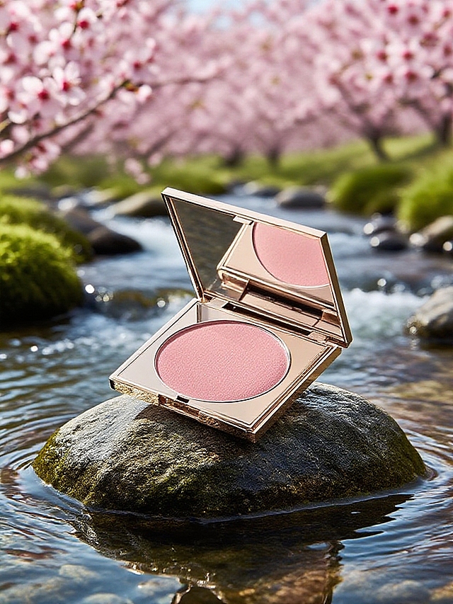 抠出产品，保持产品不变。特写主体放置在溪水上的石头上，背景是樱花园。