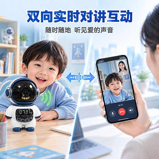 [主图-3] 主题：双向实时对讲互动卖点展示，体现小朋友和在外工作的妈妈实时对话场景。
[统一基调] 淘宝/天猫风格，温馨科技感，主色调为温暖的浅蓝+白色，点缀科技蓝渐变光效；标题字体为粗体无衬线大字，白色字配深蓝色描边或阴影；辅助文字为深灰色小号无衬线；图标和卡片统一圆角设计，整体干净专业有品质感。
[画面] 画面采用左右分屏或对话式构图，简洁干净背景。左侧：宇航员造型儿童监控摄像头放置在儿童房书桌上，正面视角，旁边有一个可爱的小男孩（4-6岁中国儿童）趴在桌上对着摄像头说话，表情开心。摄像头周围有绿色的语音波纹效果，表示正在通话中。右侧：一只手拿着智能手机，手机屏幕上显示摄像头传来的画面（能看到小男孩的影像），手机界面显示视频通话状态，代表在外工作的妈妈正在用手机和孩子对讲。中间用双向箭头或声波连接两侧，象征双向实时对讲。背景简洁，以浅蓝渐变和白色为主，突出产品和互动场景。
[光影质感] 商业摄影质感，光线柔和均匀，产品质感真实，手机屏幕有自然反光，人物手部自然，整体干净通透。
[配色] 背景浅蓝渐变+白色，产品白+深蓝，绿色语音波纹点缀，标题深蓝色，整体清新明亮。
[文字版式] 画面顶部居中大标题"双向实时对讲互动"，加粗深蓝色大字；标题下方小字"随时随地 听见爱的声音"。文字位于画面上方，不遮挡主体内容。
[输出要求] 比例1:1，2048*2048，文字清晰可读，产品清晰完整不变形，人物自然，无多余杂物，无水印，无平台logo，无错字。
