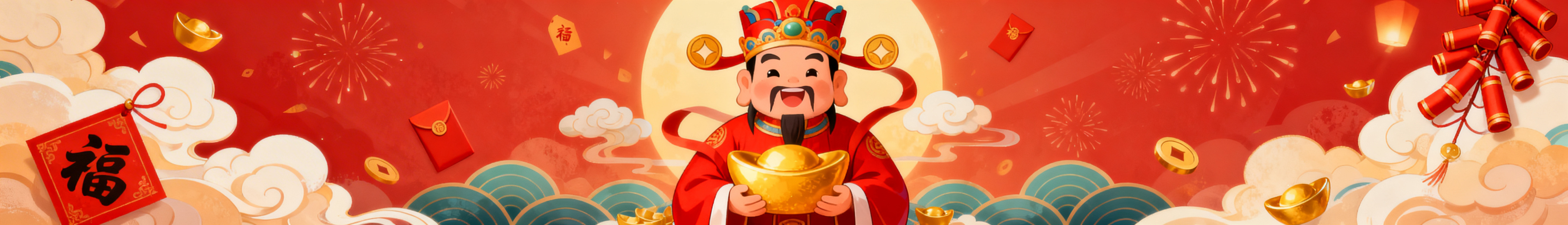 我需要生成一套套图，共10张图，所有图必须要是插画风格，要有新年的元素，看起来有节日氛围，同时所有图片风格统一，最好是一套。第一张横板174×25的比例（财神相关插画），第二张横板171×25的比例（预览效果