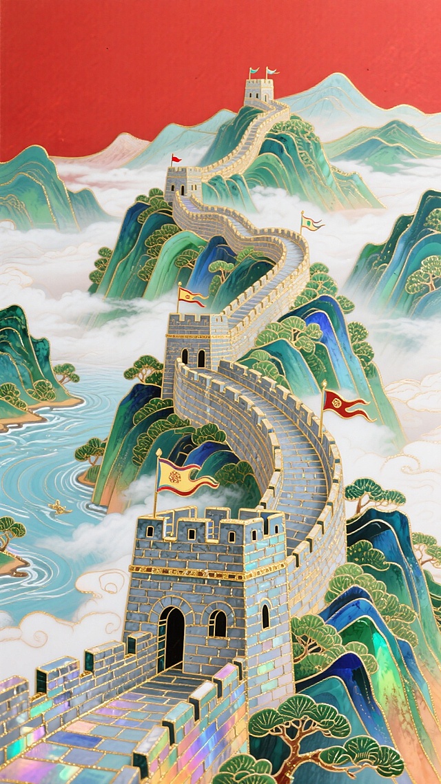 长城+山河，红色背景