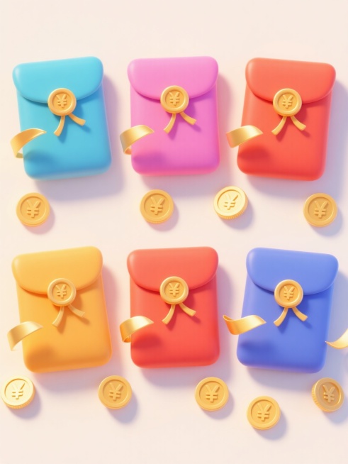 6个不同配色、不同样式、不同材质的卡通红包，采用上下两行对齐排列，每个红包都有金色的圆形装饰扣和飘逸的金色丝带，红包下方散落着带有日元符号的金色硬币，整体为明亮的卡通插画风格，色彩鲜艳明快，光影柔和，边缘有轻微的圆角处理，背景为浅色，具有清晰的视觉层级和信息传达效率，符合节日喜庆氛围的设计感。预览效果