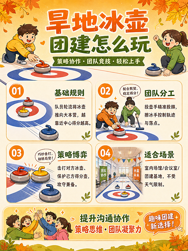 参考图的版式骨架、卡通插画风格、圆角卡片分区、顶部标题区+中部多卡片内容区+底部总结区的整体结构，将主题替换为旱地冰壶团建玩法介绍。保留参考图的暖色调配色体系（橙、绿、米黄）、手绘卡通插画风格、圆角信息卡片、序号标签、装饰小元素等版式语言，全部内容替换为旱地冰壶团建主题。

画面结构（竖版3:4）：
【顶部标题区】大主标题文字为"旱地冰壶团建怎么玩"，副标题为"策略协作·团队竞技·轻松上手"，配卡通冰壶和人物小插画装饰，背景暖橙渐变。

【中部玩法介绍区】4个圆角信息卡片，分两列排布，每个卡片左侧为序号圆形标签+卡通小插画，右侧为玩法标题和简短说明文字：
卡片01：标题"基础规则"，说明"队员轮流将冰壶推向大本营，越靠近中心得分越高"，配卡通冰壶滑向靶心插画
卡片02：标题"团队分工"，说明"投壶手精准投掷，擦冰手控制轨迹与落点"，配两人协作投壶卡通插画
卡片03：标题"策略博弈"，说明"击打对方冰壶、保护己方得分壶，攻守兼备"，配冰壶碰撞策略插画
卡片04：标题"适合场景"，说明"室内场馆/会议室/团建基地，不受天气限制"，配室内场地卡通插画

【底部价值区】通栏渐变底栏，文字为"提升沟通协作·策略思维·团队凝聚力"，配团队击掌卡通小图和"趣味团建新选择"装饰标签。

整体风格：手绘卡通插画风格，人物为可爱卡通造型，色彩明亮温暖（橙、绿、米白为主），圆角卡片带轻微阴影，排版精美，信息层级清晰，四周留有安全边距。

画面中所有信息区域必须填充完整合理的内容，不得出现空白框、空白占位、空列表项。画面中所有文字必须清晰可读，使用简体中文。