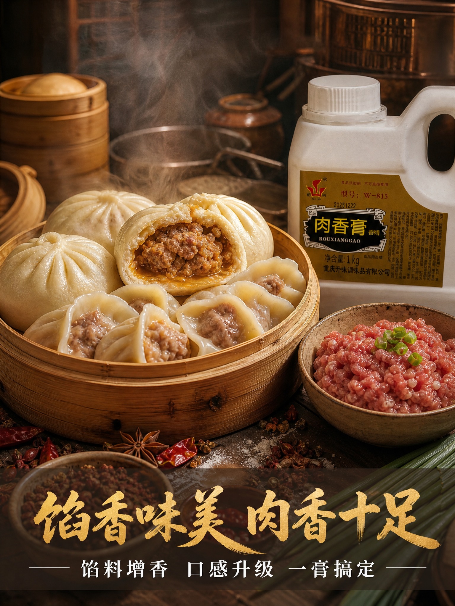 肉馅包子饺子场景海报 3:4竖版 画面中央是刚蒸好的包子和饺子… - 图片创意预览