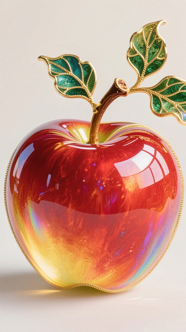 琉璃质感的苹果，鎏金边饰与彩虹光影交织，重拟物风格呈现奢华梦幻感，3D立体造型凸显体积与金属光泽。