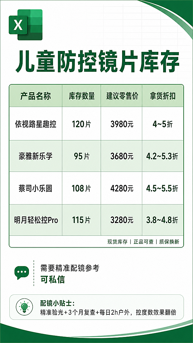 小红书9:16竖版配图，Excel表格版式儿童防控镜片库存单，绿白原版配色。左侧顶部搭配绿色Excel X图标，居中显示加粗大标题"儿童防控镜片库存"。中间包含完整4列表格，表头浅绿底色，表格行白绿交替，表格内容：第一行产品名称"依视路星趣控"，库存数量"120片"，建议零售价"3980元"，拿货折扣"4~5折"；第二行产品名称"豪雅新乐学"，库存数量"95片"，建议零售价"3680元"，拿货折扣"4.2~5.3折"；第三行产品名称"蔡司小乐圆"，库存数量"108片"，建议零售价"4280元"，拿货折扣"4.5~5.5折"；第四行产品名称"明月轻松控Pro"，库存数量"115片"，建议零售价"3280元"，拿货折扣"3.8~4.8折"。表格右下角角落有小字"现货库存｜正品可查｜质保换新"。表格侧边留白有小字"需要精准配镜参考可私信"。表格底部有备注小字"配镜小贴士：精准验光+3个月复查+每日2h户外，控度数效果翻倍"。整体商务清晰风格。