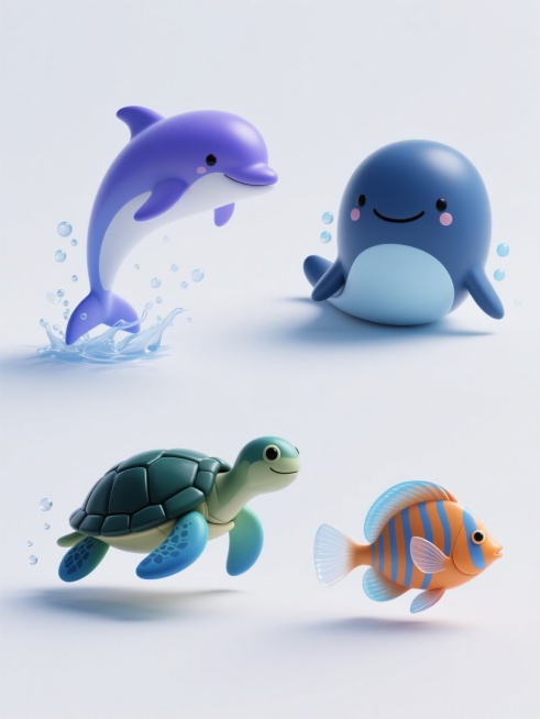 一组四个海洋动物的系列素材集合，每个元素都具有相同的3D渲染风格和蓝色渐变色调，在纯白色背景上规整排布。第一个元素是跃出水面的海豚，身体呈现光滑的蓝紫色渐变，带有水花和气泡细节；第二个元素是一只微笑的白鲸，身体圆胖，背部呈深蓝色，腹部为浅蓝色，周围有细小的气泡；第三个元素是一只正在游动的海龟，深绿色的背甲带有纹理，四肢呈蓝绿色，头部微微抬起；第四个元素是一条优雅的热带鱼，身体呈流线型，橙色和蓝……预览效果