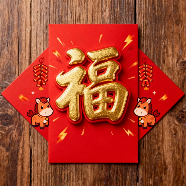 “春节红包封面，大红色背景，中央有一个立体金色福字，周围环绕着飞舞的鞭炮和可爱的生肖马图案，整体风格喜庆热闹”，如果有参考图还可以上传参考图会更精确。由于红包图一般要求957 像素×1278 像素，这预览效果