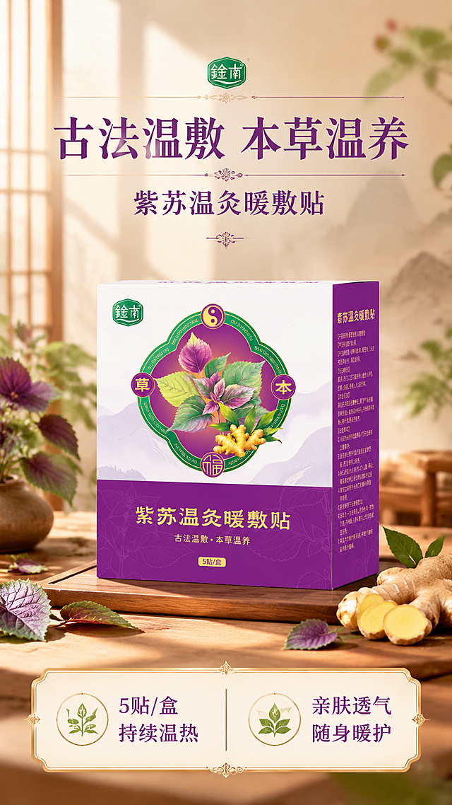[第1屏] 详情页头图主视觉-紫苏温灸暖敷贴产品全貌海报。本屏使用【图1】作为商品主体。
[氛围/风格] 东方本草养生风，新中式雅致氛围，温馨暖调，商业摄影质感，高级感。
[元素布局] 产品包装盒置于画面中央偏下，占比约55%-60%；背景为新中式禅意空间，木质桌面，左侧有绿植紫苏叶点缀，后方有朦胧窗格光影、远山剪影；前景散落几片新鲜紫苏叶、生姜块作为装饰；产品包装外观、颜色、文字图案与输入图完全一致。
[光影质感] 左上方柔和自然光，右侧辅光补亮，产品底部自然投影，整体温暖通透，突出本草温润气质。
[配色色系] 全局底色 #F5EEE6 米杏暖调；主色 #7B2D8E 深紫；辅助色 #3A8F5A 草本绿、#D4A856 暖金点缀。
[视角构图] 正面微仰视，产品为视觉中心，阅读动线顶部标题 → 中部产品 → 底部信息条。
[文字版式] 顶部居中大标题「古法温敷 本草温养」，副标题「紫苏温灸暖敷贴」，深紫色宋体加粗；底部信息条左侧「5贴/盒 持续温热」，右侧「亲肤透气 随身暖护」，配草本小图标；文字不遮挡产品主体。
[比例分辨率] 9:16 竖版比例，4K分辨率，文字清晰可辨，高清画质。
[负向提示词] 产品变形，包装文字错乱，颜色偏差，水印，文字过小，背景杂乱，缺件错件。