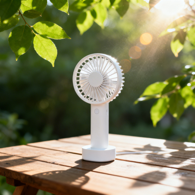 一款清新夏日的便携式小型手持电风扇，白色简约设计，放在木质桌面上，背景有翠绿树叶和阳光光斑，整体风格清新自然，产品清晰突出，光影柔和预览效果