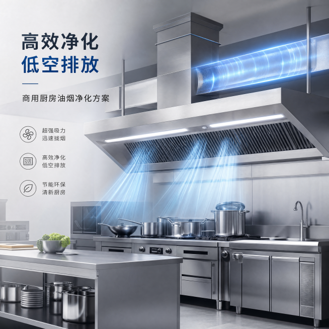 基于原图原创设计商用厨房油烟净化产品副图，简约风格，整体大气自然美观，保留原图的商用厨房油烟净化设备核心场景，和原图有明显差别，图片比例1:1，添加简短产品介绍文案，高清4K画质预览效果