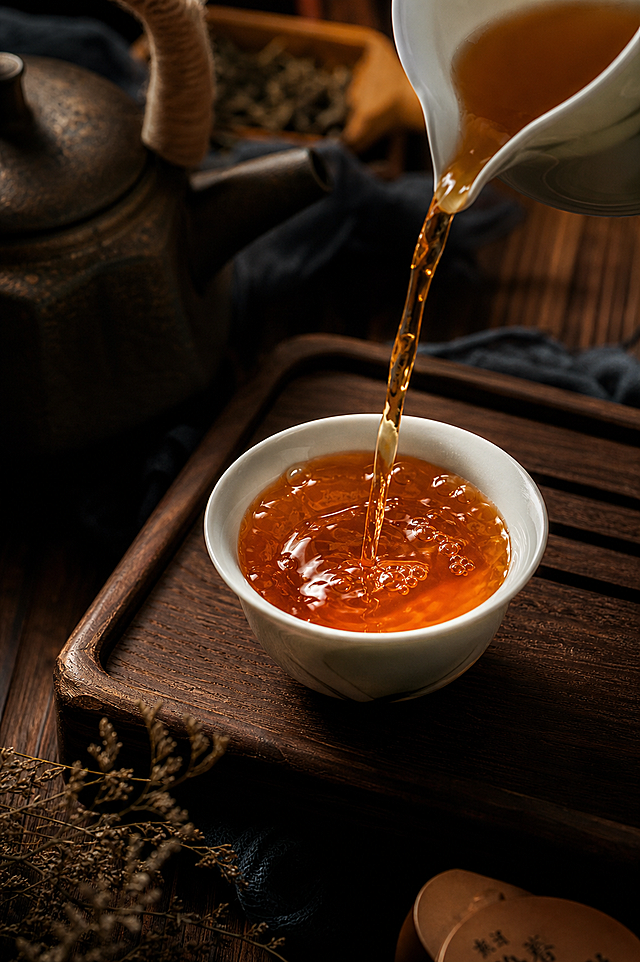 生成一张类似参考图的红茶摄影作品，复古暗调中式风格，实拍质感，茶汤橙红透亮，展示倒茶入杯的动态场景，木质茶具背景，丰富细节