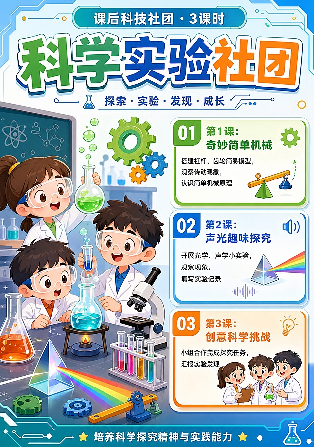 卡通科技风宣传手册内页，竖版A4比例。页面主题"科学实验社团"，大字标题醒目，顶部标注"课后科技社团·3课时"。画面左侧是Q版学生穿着白大褂做实验的可爱插画，周围有烧杯、齿轮、棱镜等实验器材，彩色液体冒泡，光线折射等趣味效果。右侧是三课时课程安排，用三个彩色卡片呈现："第1课：奇妙简单机械——搭建杠杆、齿轮简易模型，观察传动现象，认识简单机械原理""第2课：声光趣味探究——开展光学、声学小实验，观察现象，填写实验记录""第3课：创意科学挑战——小组合作完成探究任务，汇报实验发现"。底部有"培养科学探究精神与实践能力"小字。绿蓝橙配色，卡通风格，课程结构清晰。版式精美，文字清晰。