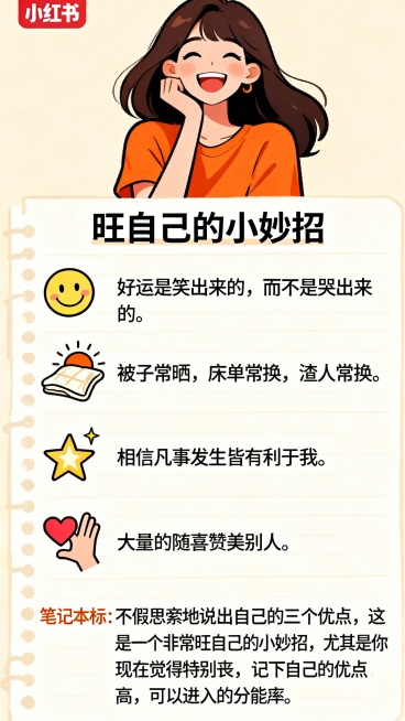 手绘漫画风格小红书内页，顶部自信微笑大女主形象，穿橙色上衣，背景浅米色。中间五条“旺自己的小妙招”纵向排列，每条左侧配手绘图标：1.微笑表情图标，文字“好运是笑出来的，而不是哭出来的。”；2.太阳晒被预览效果