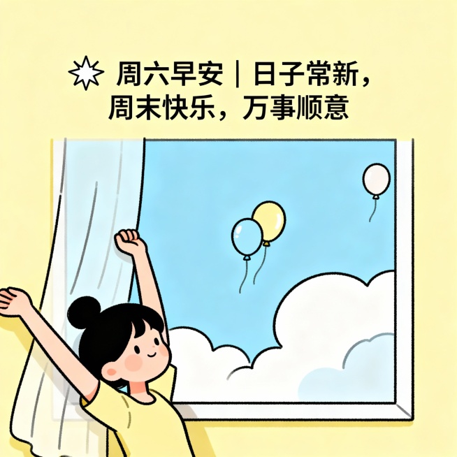 画面：卡通手绘风格，扎丸子头的女孩伸懒腰靠在窗边，窗外是蓝天白云 + 飘着的气球，画面以鹅黄 + 浅蓝为主；线条简洁可爱；文字：✨ 周六早安｜日子常新，周末快乐，万事顺意50*50pk预览效果