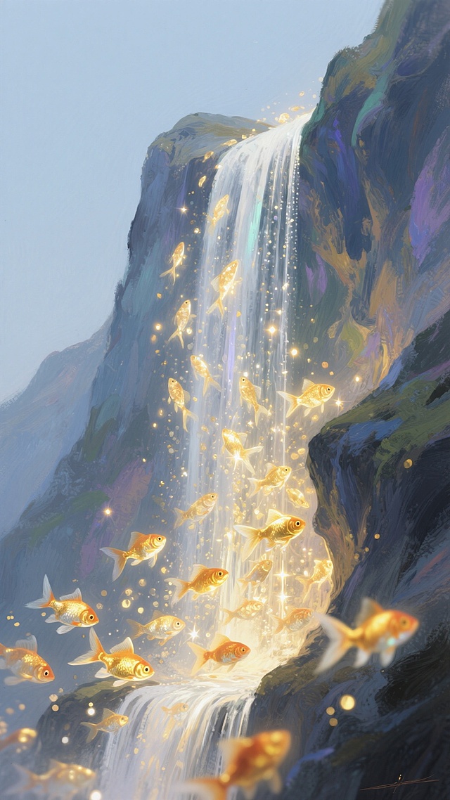 达利抽象画风，一个座山头里的一条瀑布，瀑布中涌出成千上万只发光的金鱼，形成一道金鱼瀑布。魔法现实主义，奇幻风，体积光，高对比度，锐利对焦，纯色背景