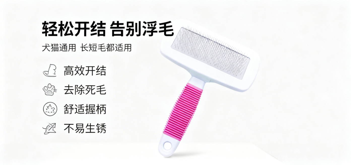基于原图生成宠物梳子卖点展示主图，核心卖点为有效开结，去除浮毛死毛，长毛短毛犬猫通用，风格简洁美观耐用，适配拼多多平台。产品居中展示，左侧垂直排列核心卖点，每个卖点搭配简约小图标，背景为浅灰色干净简约预览效果