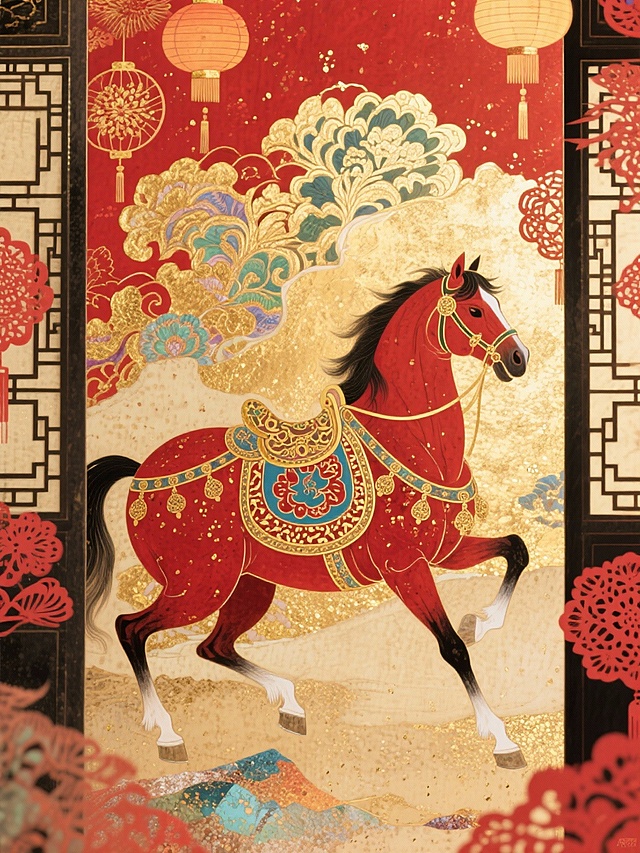 主体是一匹饰有剪纸纹华丽鞍具的红色剪纸奔马，背景为红金相间的宝相花纹样，周围环绕剪纸灯笼与窗花元素，整体呈现传统年味的国潮风格。