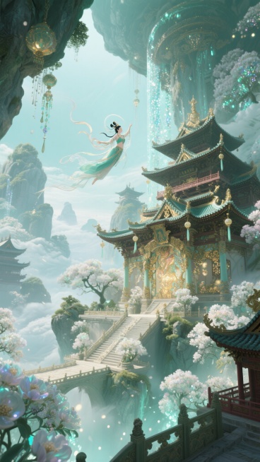 九维建筑设定，神女飞天，九维概念设定，仙境，低饱和度，薄荷色调，电影大片，华丽，3D，震撼，宏大场景，九维中国风，光荧斑驳，唯美插画，超级细节，超级繁复，九维云花海空间，古风大秦阿房宫，岩彩板绘，新九预览效果