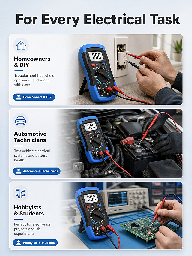 [商品] 使用【图3】HoldPeak HP-36C数字万用表斜侧角度图；保留蓝色保护套、黑色机身、显示屏、按键、旋钮、支架，产品结构比例颜色完全保真。
[画面] 目标：使用场景与适用人群展示。构图：上方主标题，中间用3个横向场景卡片展示不同使用场景，每个卡片中有万用表+场景背景的合成图，卡片下方有人群标签。3个场景从上到下排列。背景：浅灰到淡蓝渐变背景，简洁干净。
[视觉] 套系策略：风格=跨境极简专业工业科技风；标题字=现代无衬线粗体（Bold Sans-serif）；正文字=简洁无衬线体（Regular Sans-serif）；主色=深蓝（#1E5AAA）+深灰（#2A2A2A）；背景延展=基于深蓝和深灰做低饱和渐变、同色深浅层级、细腻哑光金属质感；强调色=亮蓝色（#00B4FF），仅用于小面积图标、引线、标签和高光；标题色=深炭灰；正文色=中灰；组件=圆角场景卡片、场景图标、人群标签胶囊；光影=卡片内场景自然光照，卡片有轻微投影。
[文字] 顶部主标题"For Every Electrical Task"。3个场景卡片：1) 场景：家庭电路维修背景，标签"Homeowners & DIY"，说明"Troubleshoot household appliances and wiring with ease"；2) 场景：汽车维修背景，标签"Automotive Technicians"，说明"Test vehicle electrical systems and battery health"；3) 场景：电子工作台背景，标签"Hobbyists & Students"，说明"Perfect for electronics projects and lab experiments"。所有文字英文，横向排版。
[规格] 图片比例3:4竖版，width=1200，height=1600，4K，high quality；负向提示：避免电池出现、避免中文文字、避免亚洲面孔、避免产品变形、避免颜色改变、避免水印。