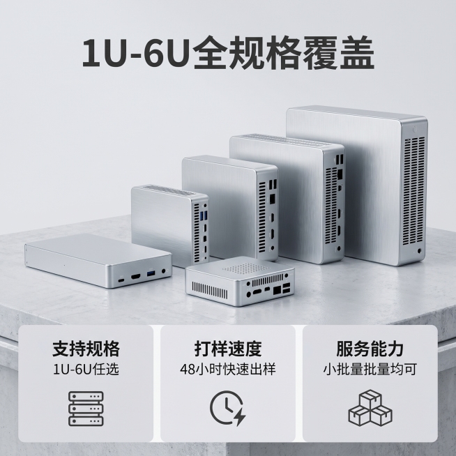 [主图 3] 全铝机箱规格与服务保障主图。[氛围风格] 简约工业风，清晰商务感。[画质] 商业摄影质感，超写实渲染，干净高级。[元素] 1U-6U全铝机箱居中放置，保持原产品外观结构、银色铝合金材质不预览效果