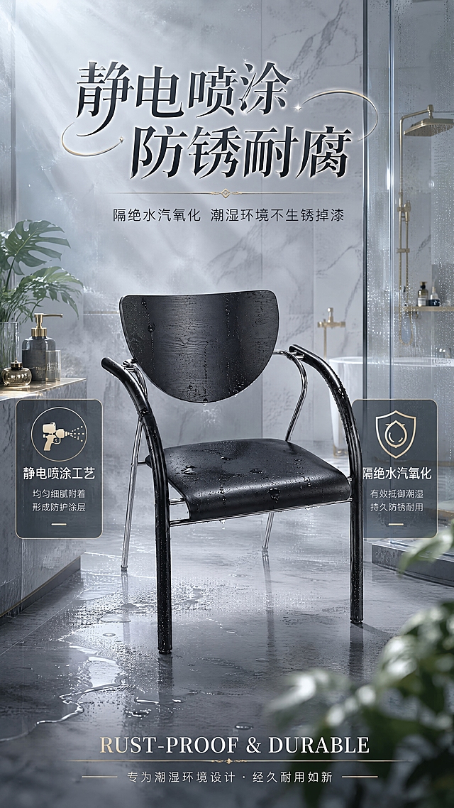 [第3张] 静电喷涂防锈处理卖点页。本张使用【图1】作为商品主体。
[氛围/风格] 现代科技轻奢风，潮湿浴室/阳台场景，体现防锈耐用特性，高级质感。
[元素布局] 椅子置于画面中央，占比约50%，正面微侧视角；背景为奢华干湿分离浴室场景，包含大理石墙面、金色五金、玻璃淋浴房、精致卫浴摆件、绿植等至少3层元素；空气中有水雾水汽效果，椅子表面水珠滑落，体现防水防锈；椅子表面呈现静电喷涂后的细腻光滑质感；椅子结构比例与输入图完全一致。
[光影质感] 柔和漫射光，水雾中形成丁达尔光效，椅子表面有细腻高光，整体通透高级。
[配色色系] 全局底色浅灰蓝#E8EEF2；主色黑色金属；辅助色大理石白+金色五金；点缀色清新绿植绿。
[视角构图] 正面微侧视角，椅子居中，阅读动线顶部标题 → 中部椅子主体+水雾效果 → 底部卖点说明。
[文字版式] 上方艺术字主标题「静电喷涂 防锈耐腐」使用带流动感花样的艺术字体，笔画有渐变光泽；副标题「隔绝水汽氧化 潮湿环境不生锈掉漆」；画面左右两侧各设一个信息框「静电喷涂工艺」「隔绝水汽氧化」，配精致图标；底部英文「RUST-PROOF & DURABLE」；字体均有设计感，清晰可读。
[比例分辨率] 9:16竖版比例，4K分辨率，文字清晰可辨，高清画质。
[负向提示词] 椅子变形，比例失调，颜色偏差，水印，文字错乱，人物出现，尺寸标注，生锈掉漆效果。