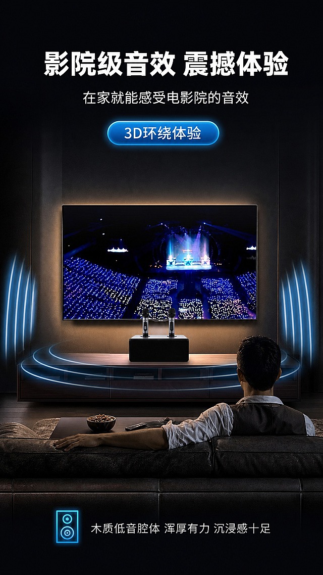 [商品] 使用【图7】黑色款家庭K歌音响一体机+双无线话筒；保留产品外观、颜色、结构，不改变产品原貌。
[画面] 目标：展示影院级3D环绕音效体验。竖版9:16构图，深色影院感场景，电视播放演唱会画面，音响放置在电视柜上，两侧有蓝色声波弧线向四周扩散示意3D环绕效果，右下角一位男士坐在沙发上背对镜头欣赏，沉浸感强。
[视觉] 套系策略：风格=现代简约科技家居风；标题字=粗黑无衬线简体中文字；正文字=简洁无衬线简体中文字；主色=深木色+暖米灰；背景延展=深灰黑渐变背景，影院级氛围感；强调色=冰蓝色，用于声波效果和标签；标题色=白色；正文色=浅灰；组件=蓝色声波弧线、发光胶囊标签；光影=暗调环境光，电视屏幕发光，产品有轮廓光。
[文字] 顶部主标题"影院级音效 震撼体验"，副标题"在家就能感受电影院的音效"，蓝色发光胶囊标签"3D环绕体验"，底部补充"木质低音腔体 浑厚有力 沉浸感十足"。文字全部横排。
[规格] 图片比例9:16竖版，4K，负向提示：避免变形、错字、文字过小、产品失真、竖排文字。