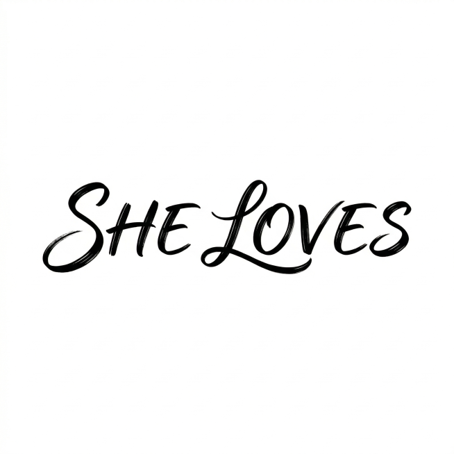 为SHE LOVES设计手写风格商业logo，保留手写笔触感，但字体结构、笔画形态与参考图有明显差异，整体简洁大气，白色背景黑色字体预览效果