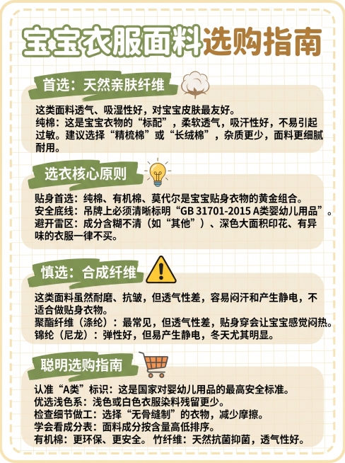 生成宝宝衣服面料选购指南图，排版参考图三（新生儿衣服怎么选）的样式，比例3:4，使用浅黄网格虚线背景，把图一的文字内容：首选天然亲肤纤维、选衣核心原则、慎选合成纤维、聪明选购指南，全部整理排版，保持清预览效果