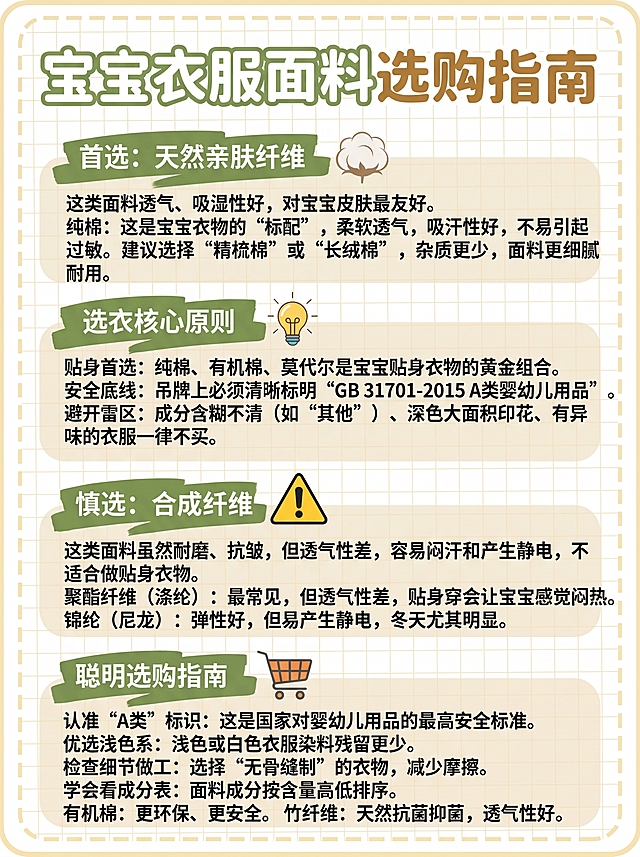 生成宝宝衣服面料选购指南图，排版参考图三（新生儿衣服怎么选）的样式，比例3:4，使用浅黄网格虚线背景，把图一的文字内容：首选天然亲肤纤维、选衣核心原则、慎选合成纤维、聪明选购指南，全部整理排版，保持清新母婴暖色调风格，文字清晰易读，保留全部选购要点信息
