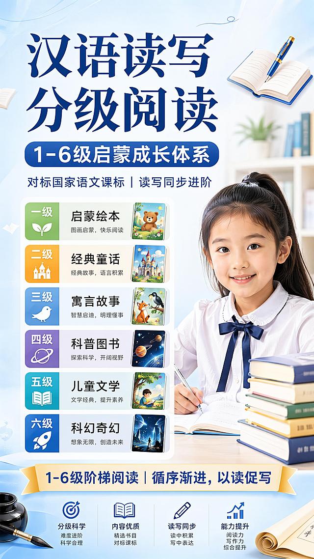 汉语读写分级阅读1-6级启蒙成长体系
汉语读写分级阅读 1-6 级
主标题
汉语读写测评分级阅读｜1-6 级启蒙成长体系
副标题
对标国家语文课标｜读写同步进阶｜幼小衔接至初中全覆盖
板块一：课程总理念
遵循儿童认知规律，从看图识字到深度思辨阅读，读练结合，逐级提升语言表达、审美鉴赏、文化素养、创新思维四大核心能力，覆盖课内必考书目 + 官方推荐课外读物。
一级｜启蒙绘本
适配学段：幼儿园大班、小学低年级 核心读物：《猜猜我有多爱你》《我爸爸》《大卫，不可以》《萝卜回来了》等 课程内容：图画为主、短句简短，亲情、习惯、自然、品德主题亲子共读 阅读目标：爱上阅读，看懂画面情节，学会表达爱与感恩，建立规则意识 写作任务：100 字内看图写话，能用完整短句描述画面，正确使用基础标点
二级｜经典童话
适配学段：小学低年级 核心读物：《安徒生童话》《格林童话》《神笔马良》《小巴掌童话》《小王子》等 课程内容：中外经典童话，情节简单直白，善恶分明，充满童真想象 阅读目标：独立完整读故事，理清起因经过结果，积累好词好句，学会复述分享 写作任务：200 字短文，完整复述故事，说明喜爱角色的理由，语句通顺无病句
三级｜寓言故事
适配学段：小学低段 — 小高过渡 核心读物：《伊索寓言》《中国古代寓言》《中国神话故事》《阿凡提的故事》《一千零一夜》等 课程内容：中外寓言、神话、民间故事，短小精炼，藏处世道理与传统文化 阅读目标：提炼故事寓意，结合生活谈感悟，积累成语典故，培养基础思辨力 写作任务：300 字读后感，概括情节 + 提炼道理 + 结合生活实例，简单运用议论句式
四级｜科普图书
适配学段：小学低、高年级 核心读物：《十万个为什么》《昆虫记》《看看我们的地球》《森林报》《一粒种子的旅行》等 课程内容：自然、天文、生物、地理、数理、环保通识科普，打通语文与科学 阅读目标：提取科学知识点，读懂客观原理，养成观察、求真、探究的科学思维 写作任务：400 字科普短文 / 观察日记，条理清晰说明现象原理，语言严谨有条理
五级｜儿童文学
适配学段：小学高年级 核心读物：《草房子》《夏洛的网》《窗边的小豆豆》《鲁滨逊漂流记》《城南旧事》等 课程内容：中外成长小说，聚焦亲情、友情、挫折、成长，文字细腻富有文学美感 阅读目标：深度分析人物性格，赏析环境、心理细节描写，共情文本情感，学会精读批注 写作任务：500字读写习作，熟练运用环境、心理、细节描写手法，结合人物成长撰写感悟，做到层次清晰、情感真挚、文笔优美
六级｜科幻奇幻
适配学段：小学高年级、初中 核心读物：《海底两万里》《三体（青少版）》《哈利・波特》《纳尼亚传奇》《不老泉》等 课程内容：科幻、奇幻经典，宏大世界观，融合科学想象与人文思考 阅读目标：读懂复杂故事设定，辩证思考科技、生命、责任，锻炼逻辑与创新想象力 写作任务：600 字读书笔记 / 科幻短篇仿写，分析人物成长与作品主旨，创作合理幻想故事
底部宣传标语
1-6 级阶梯阅读｜循序渐进，以读促写，夯实中小学语文核心功底
