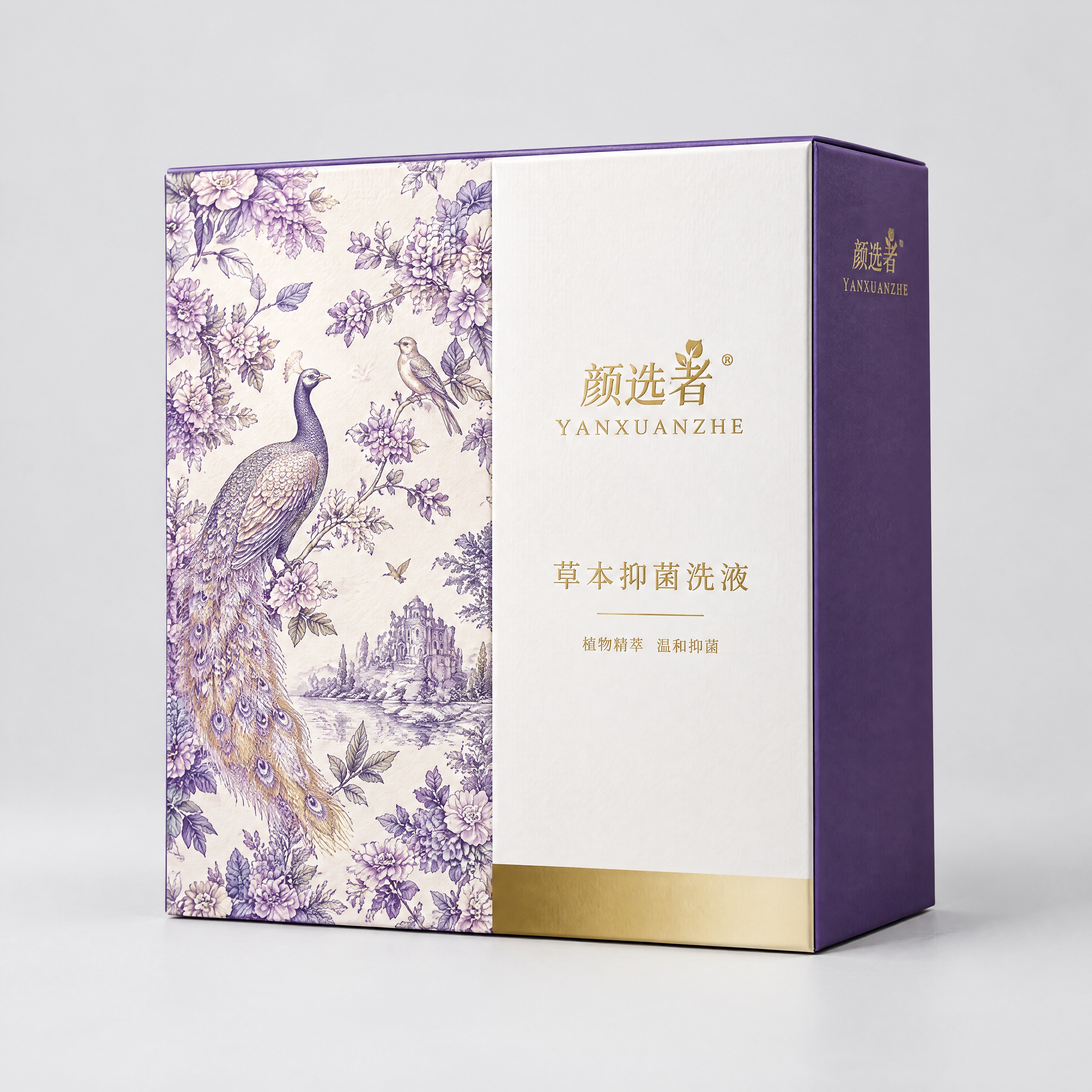 根据提供的包装刀版图，生成颜选者品牌抑菌洗液长方形包装盒3D效… - 图片创意预览