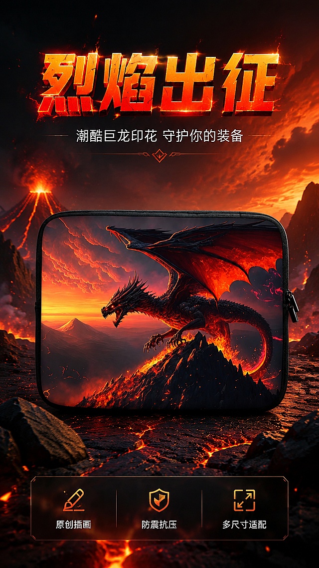 [第1屏] 详情页头图主视觉-熔岩巨龙印花笔记本电脑内胆包新品宣传海报。本屏使用【图1】作为商品主体。
[氛围/风格] 暗黑奇幻潮酷风，火山熔岩氛围感，高级商业摄影质感，电竞潮牌调性。
[元素布局] 内胆包置于画面中央偏下位置，占比约55%-60%，正面展示完整的熔岩巨龙印花图案，黑色包边和右侧拉链清晰可见；背景为暗黑火山熔岩场景，远处有喷发的火山轮廓，天空布满橙红色火烧云，地面有流动的岩浆纹理和岩石碎片；前景散落几块黑色火山岩作为点缀，增加空间层次感；内胆包物理结构、比例轮廓、巨龙印花图案、颜色色号与输入产品图完全一致。
[光影质感] 右上方暖橙色主光模拟火山余晖，左下方暗红色补光烘托熔岩氛围，内胆包底部投射自然柔和阴影，整体光影对比强烈，突出产品立体感和印花细节。
[配色色系] 全局底色 #1A0A0A 深黑红；主色熔岩橙红 #FF4500；辅助色深黑 #0D0D0D、暗紫 #2D1B3D；点缀色金色火光。
[视角构图] 正面微仰视，产品为绝对视觉中心，阅读动线从上至下：顶部标题 → 中部产品 → 底部卖点信息条。
[文字版式] 版式为顶部大标题 + 中部产品 + 底部卖点条。主标题「烈焰出征」，粗黑体，熔岩渐变填充，位于画面上方居中；副标题「潮酷巨龙印花 守护你的装备」，白色细黑体，位于主标题下方；底部横向信息条展示三个卖点图标+文字：「原创插画」「防震抗压」「多尺寸适配」，文字清晰不遮挡产品主体。
[比例分辨率] 9:16 竖版比例，4K分辨率，文字清晰可辨，高清画质。
[负向提示词] 内胆包变形，印花模糊，颜色偏差，缺件错件，水印，文字错乱，产品图模糊，背景杂乱，拉链变形。