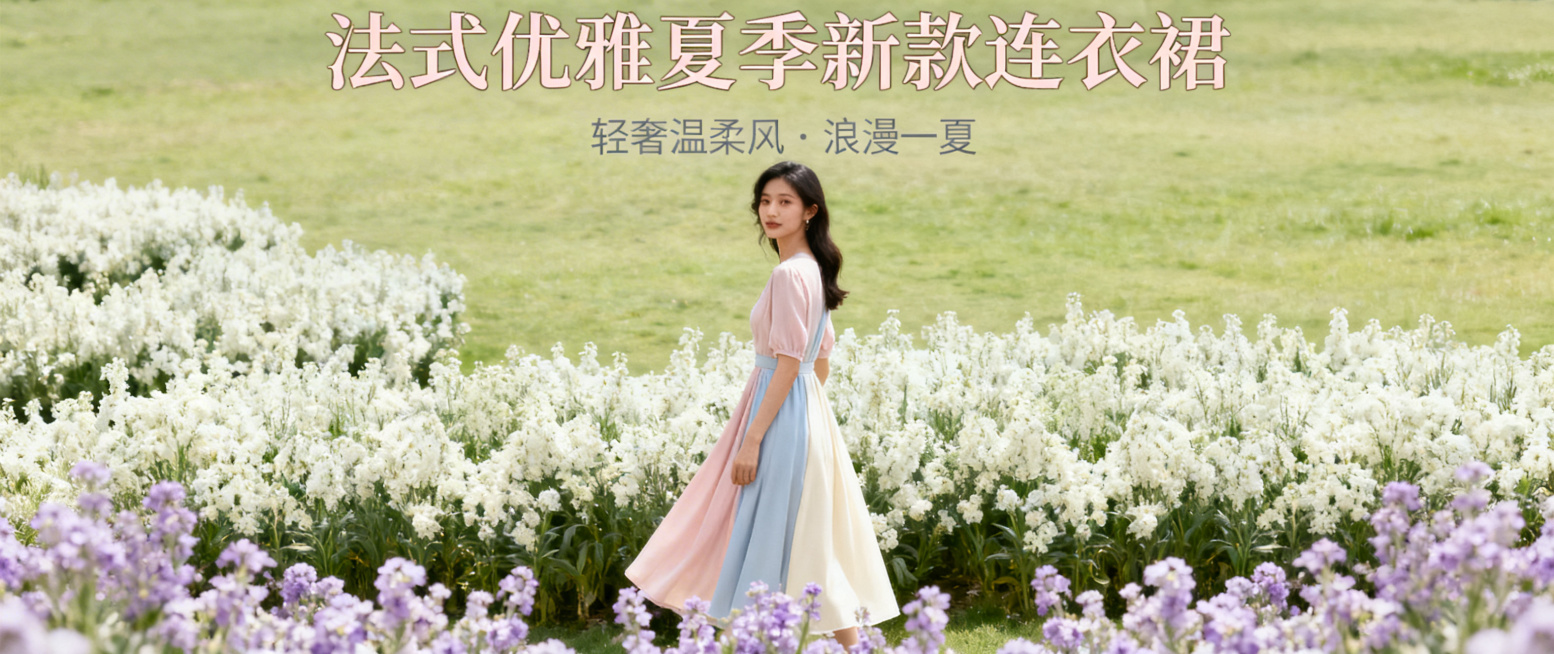 电商女装轮播宣传图，法式优雅夏季新款连衣裙，轻奢温柔风，莫兰迪配色，适合电商平台首页轮播展示，画面层次分明，突出女装的浪漫氛围感预览效果
