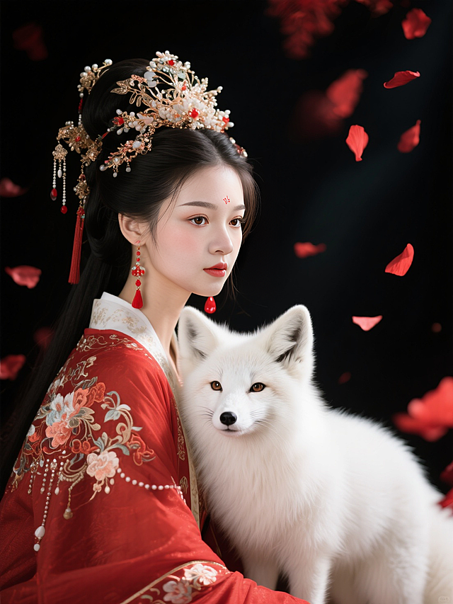 一位身着红色古风服饰的女子，她的服饰上装饰着精美的花纹和饰品，头上戴着华丽的头饰，耳间挂着红色耳饰，尽显华贵。女子身旁依偎着一只白色的狐狸，狐狸的毛发洁白柔顺，眼神明亮。背景为深色，飘落的红色花瓣增添了神秘而浪漫的氛围，整体画面给人一种奇幻且唯美的感觉，蕴含着与狐仙相关的奇幻故事元素。