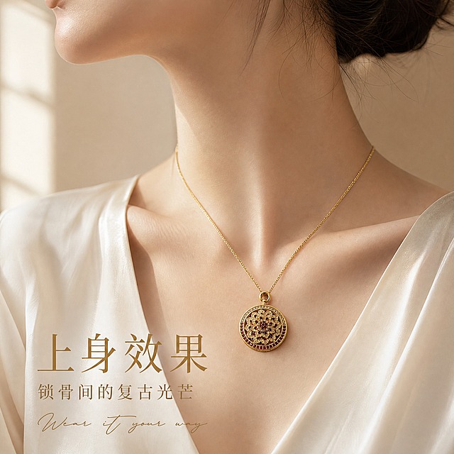 [主图-3] 佩戴展示 颈部上身效果氛围感大片
[统一基调] 小红书原生感精致高级风 香槟奶油色系背景 文艺衬线标题字 金色强调色 极少量文案 手写英文装饰 柔光箱高光+窄条轮廓光 珠宝精修质感
[画面] 东方女性颈部侧面特写 佩戴这款红宝石黄金圆盘吊坠项链 吊坠自然垂落在锁骨上方位置 展示真实佩戴比例与贴肤效果 女性穿着米白色真丝V领上衣 皮肤白皙 颈部线条修长 头发挽起露出完整颈部 背景为虚化的浅米色室内环境 有柔和窗光 主体吊坠清晰 人物颈部柔和虚化过渡 主体占画面约50%
[光影质感] 自然光人像摄影质感 侧前方柔和窗光 颈部有自然明暗过渡 吊坠金属与宝石受光均匀 火彩自然 皮肤质感细腻 整体暖调氛围
[配色] 人物肤色自然 上衣米白 吊坠黄金色+酒红色 背景浅米暖调 文字深金色
[文字版式] 画面左下角两行文案 上行大号衬线体 "上身效果" 下行小号细体 "锁骨间的复古光芒" 底部极小字号手写英文 "Wear it your way" 文字不遮挡吊坠与人物主体
[输出要求] 1:1正方形 2K高清 吊坠清晰不变形 人物颈部自然 无畸形 无多余手指 文字清晰 无水印 无平台Logo