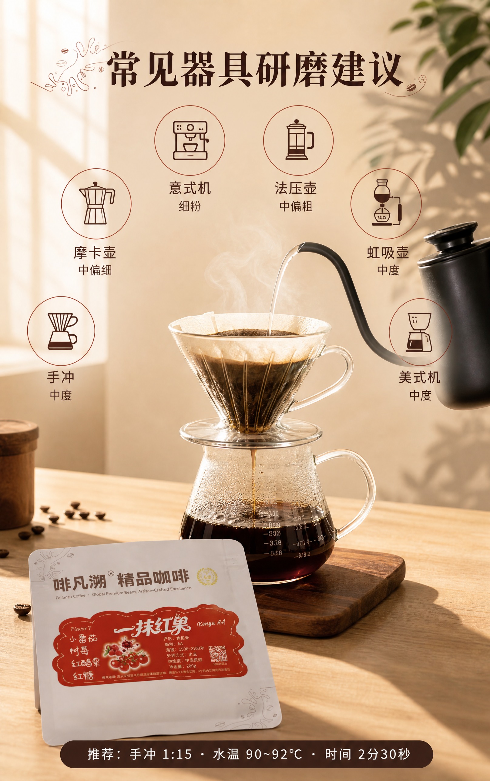 基于参考图中的咖啡袋产品，生成冲煮与研磨建议详情页。保留咖啡袋… - 图片创意预览