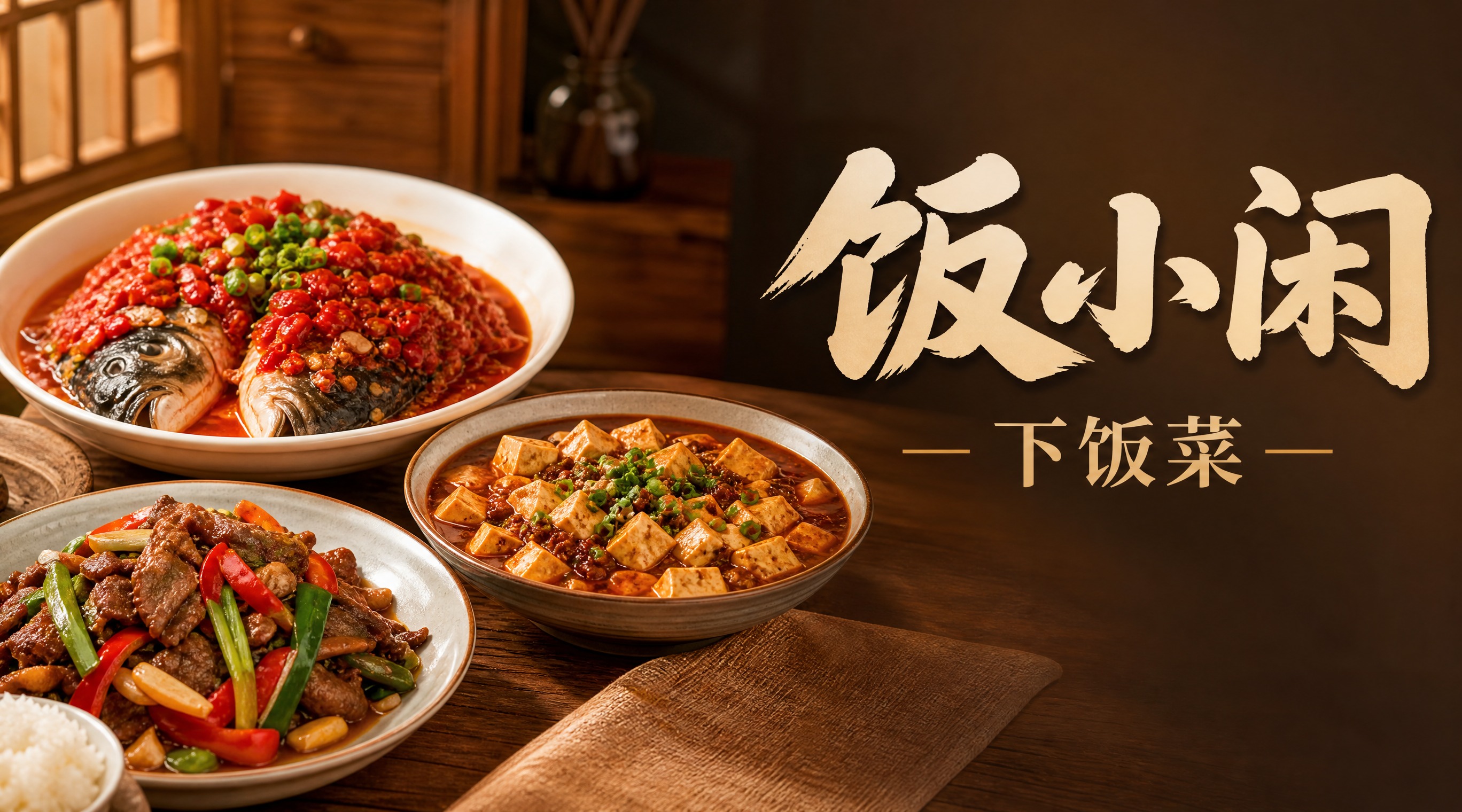 702x392横版餐饮店铺店招设计，店名"饭小闲下饭菜"，写真… - 图片创意预览