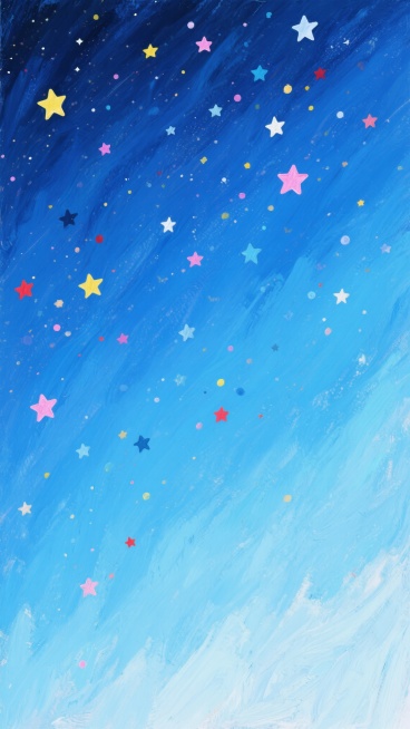 油画质感的星空背景，从上到下由深邃的靛蓝色渐变至明亮的天蓝色，笔触厚重且带有明显的纹理感，无数大小不一、颜色各异的星星（包括黄色、粉色、红色、蓝色和白色）点缀其间，营造出梦幻而宁静的氛围，整体画面呈现出自然的手绘风格，色彩过渡柔和，星光分布疏密有致，充满浪漫的宇宙感。预览效果